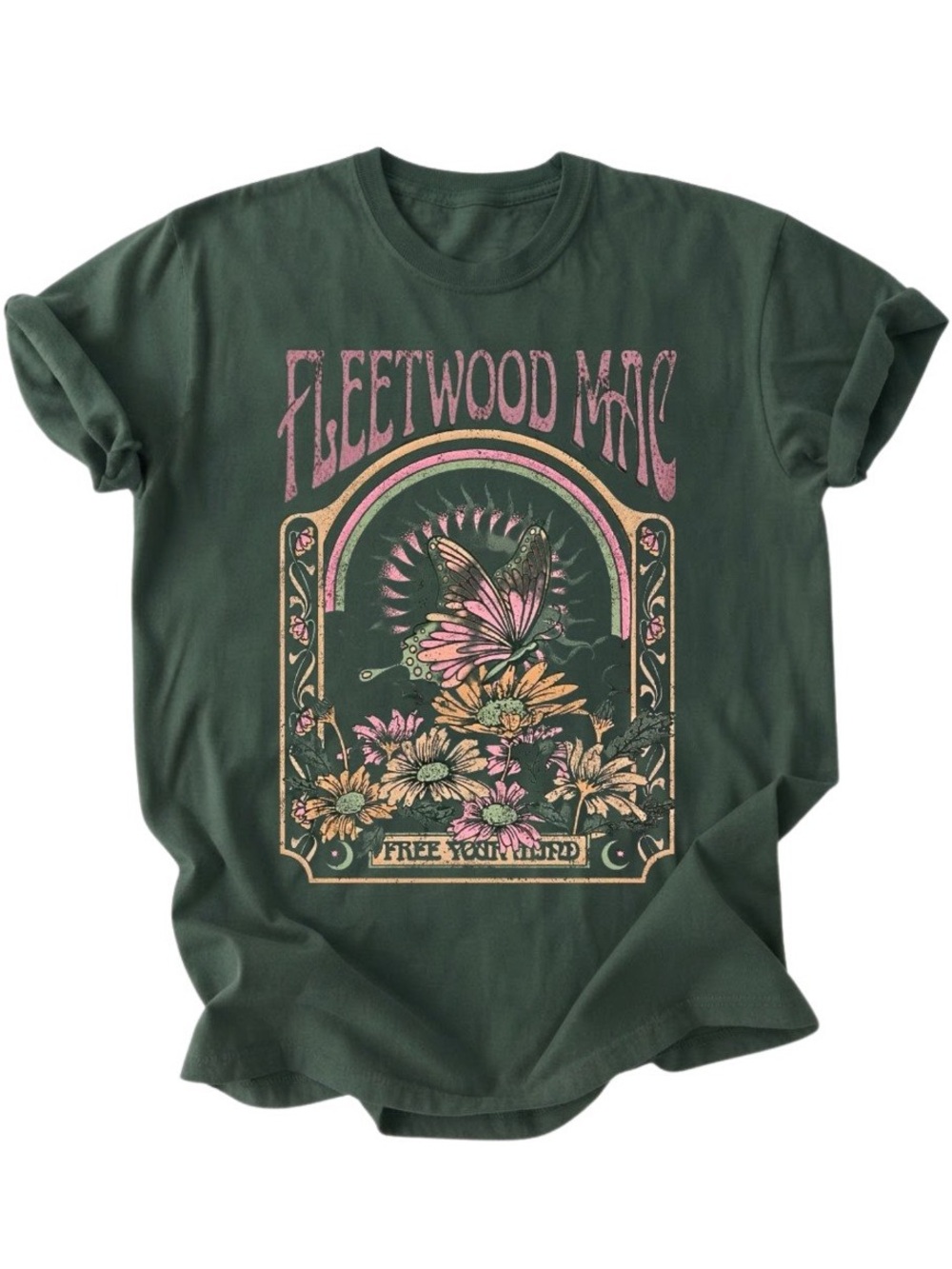 Fleetwood Mac Butterfly Flower Dark Green Gildan T-Shirt